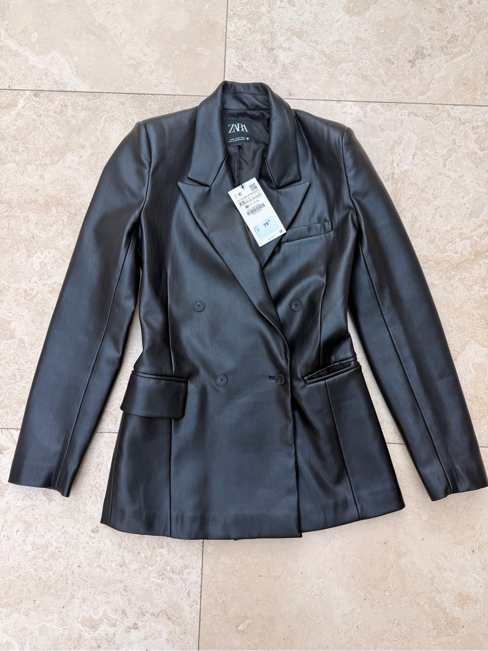 NEW ZARA Black Faux Leather Double-Breasted Blazer Jacket